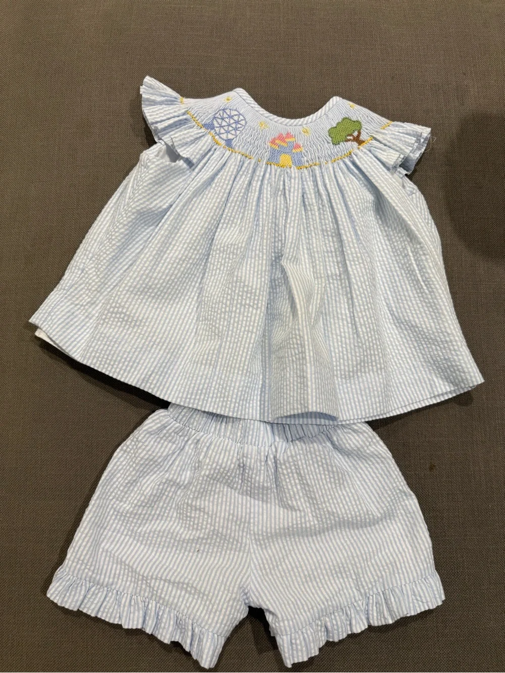 Light Blue Smocked Seersucker Kids Matching Set